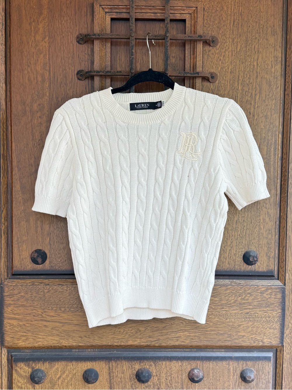 Ralph Lauren Off White Cable-Knit Short-Sleeve Sweater Top Size M
